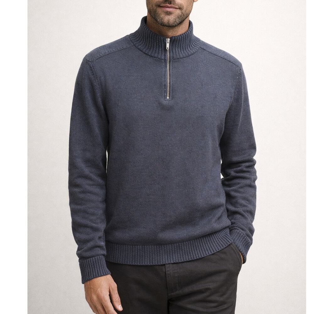 Oscar de la Renta Sweater Mens Large Navy Blue Cotton Quarter Zip Ribbed Knit